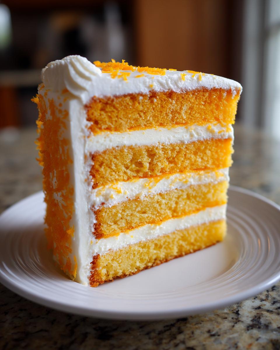 A tall slice of Creamsicle Cake showing four layers of orange sponge cake alternating with white cream filling, covered in white frosting and orange zest.
