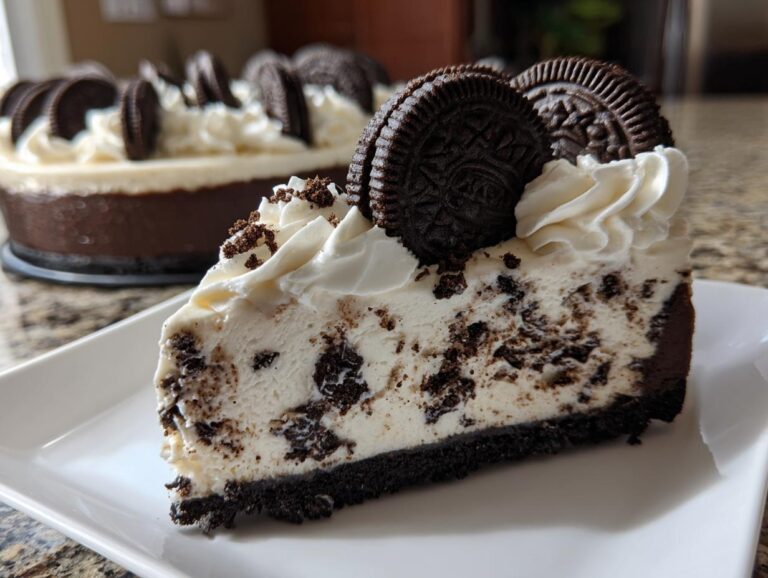 Close-up of a slice of no bake Oreo cheesecake with visible cookie chunks, topped with whipped cream and a whole Oreo cookie.