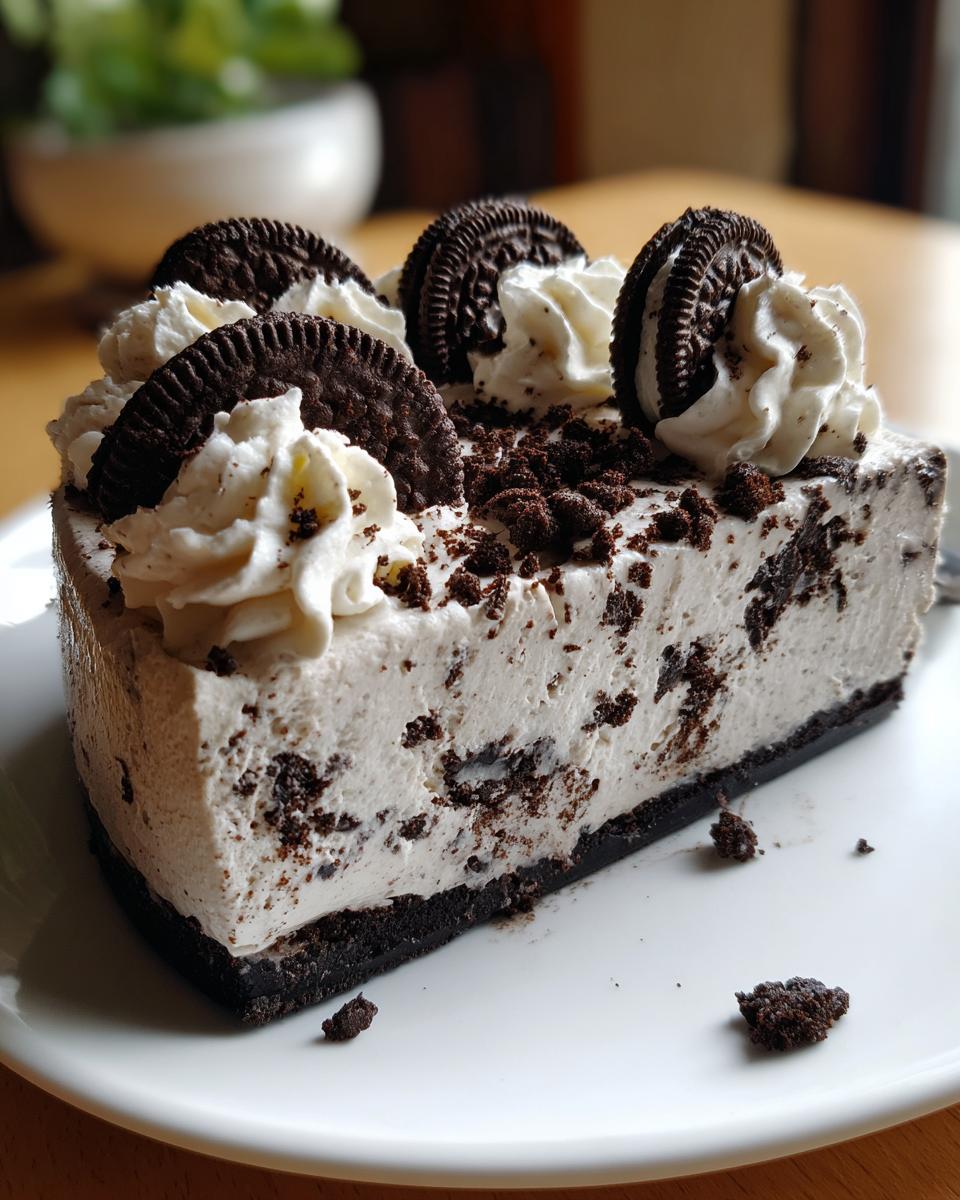 A decadent slice of no bake Oreo cheesecake topped with whipped cream swirls and whole Oreo cookies.