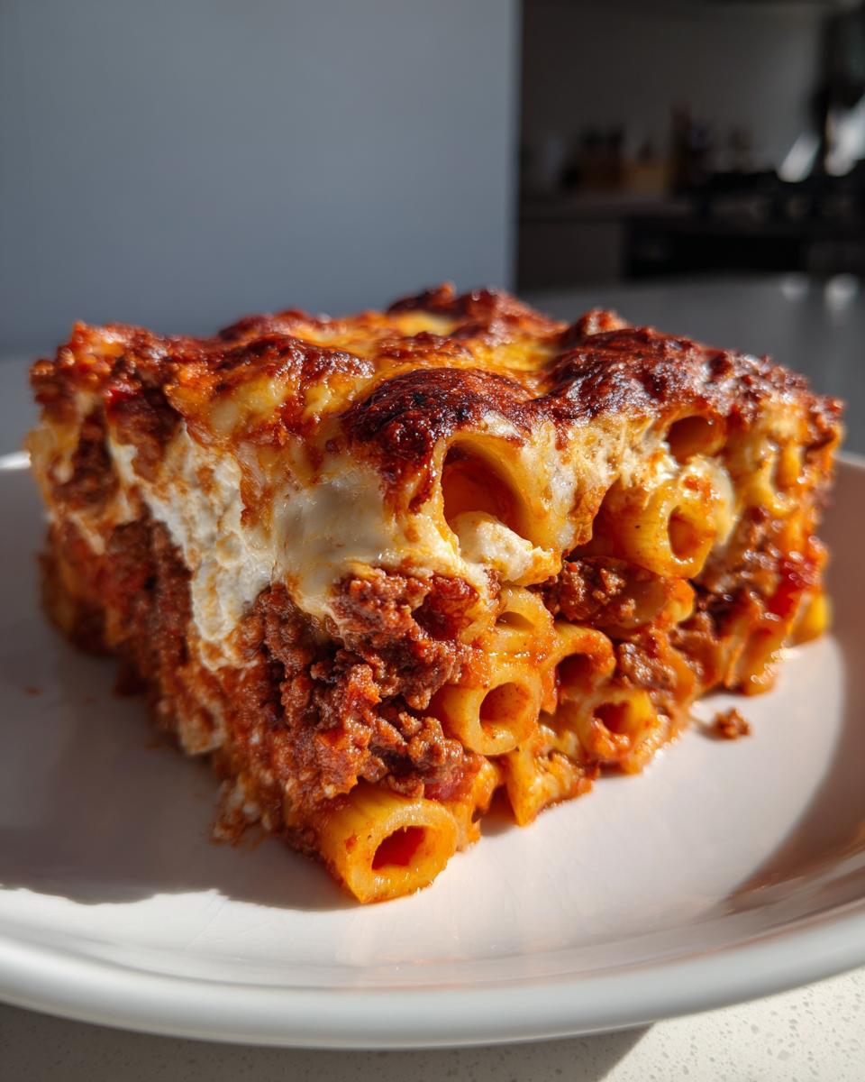 A close-up, sunlit serving of a hearty pasta bake featuring tubular pasta, rich meat sauce, and a browned, bubbly cheese topping.