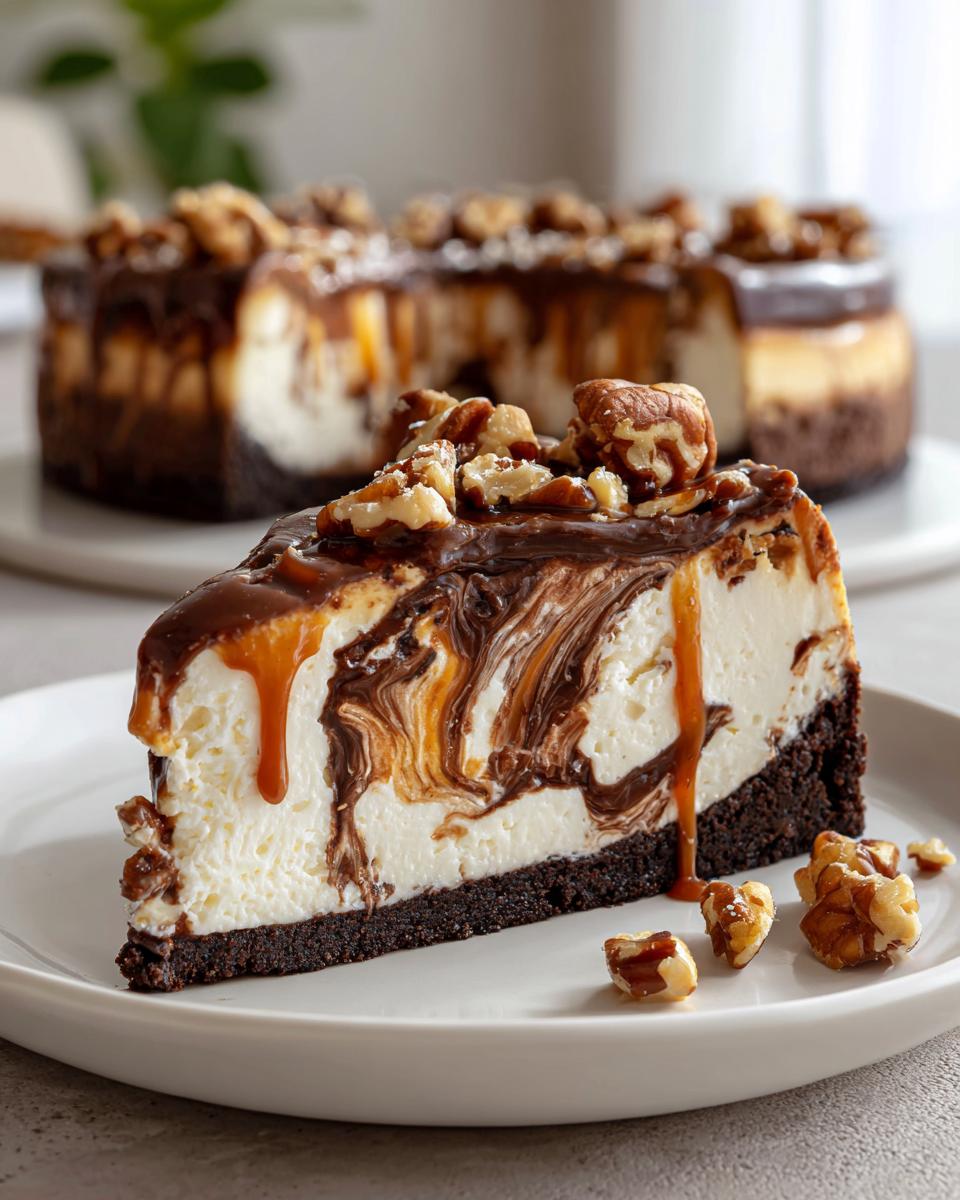 A close-up slice of rich turtle cheesecake featuring a chocolate crust, swirled filling, caramel drizzle, and topped with pecans.
