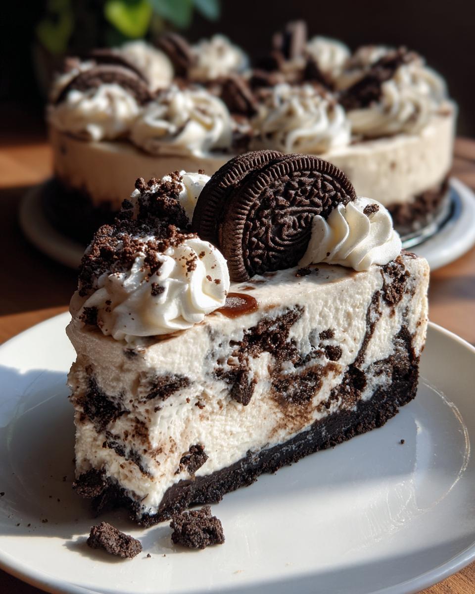 A close-up slice of rich Oreo cheesecake loaded with crushed cookies, topped with whipped cream and a whole Oreo cookie.
