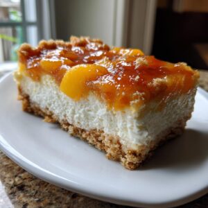 A close-up of a thick slice of peach cobbler cheesecake showing the graham cracker crust, creamy white filling, and glossy peach topping.