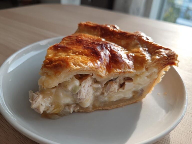 A close-up slice of turkey pot pie recipe showing flaky golden crust and creamy filling with chunks of turkey.