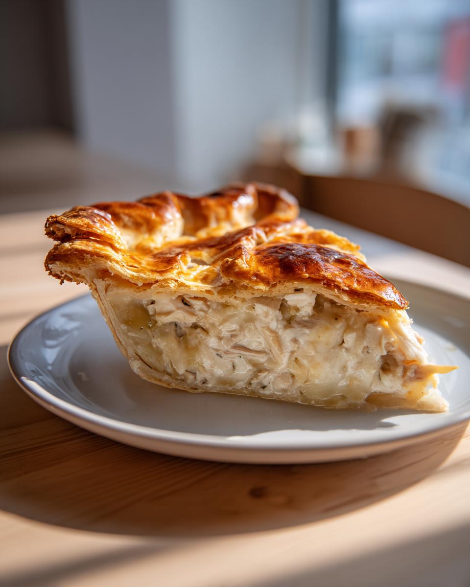 A generous slice of turkey pot pie recipe showing flaky, golden crust and creamy white turkey filling.