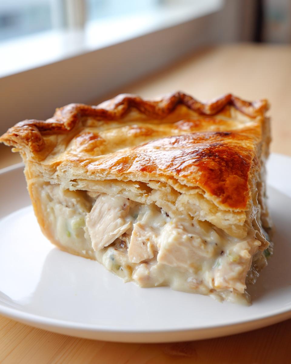 A close-up slice of turkey pot pie recipe showing chunks of turkey in creamy sauce under a golden, flaky crust.