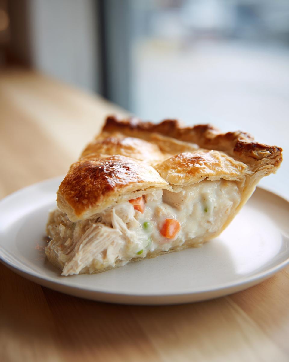 Close-up of a slice of turkey pot pie recipe showing flaky crust and creamy filling with shredded turkey and vegetables.