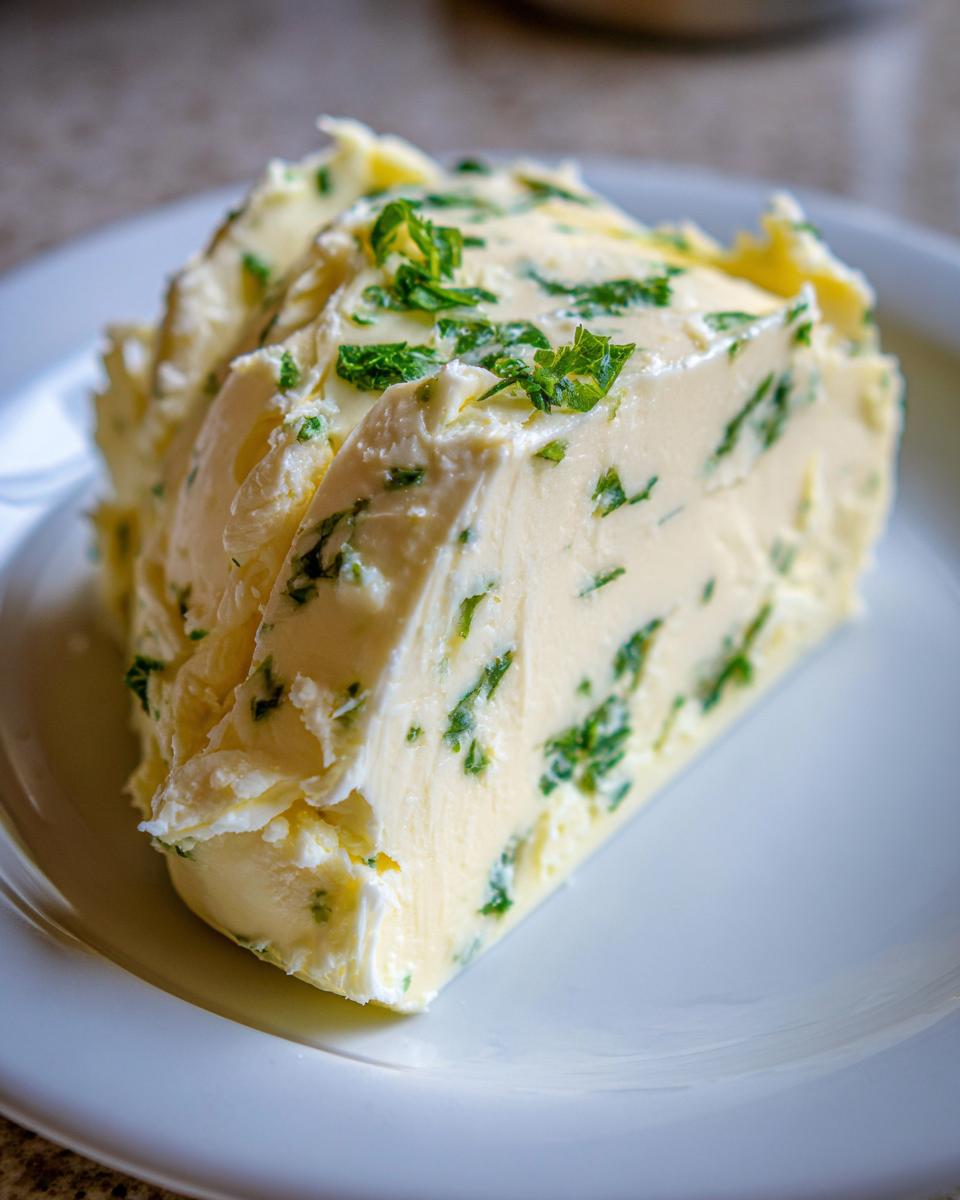 A thick slice of homemade garlic butter mixed with green herbs, resting on a white plate.