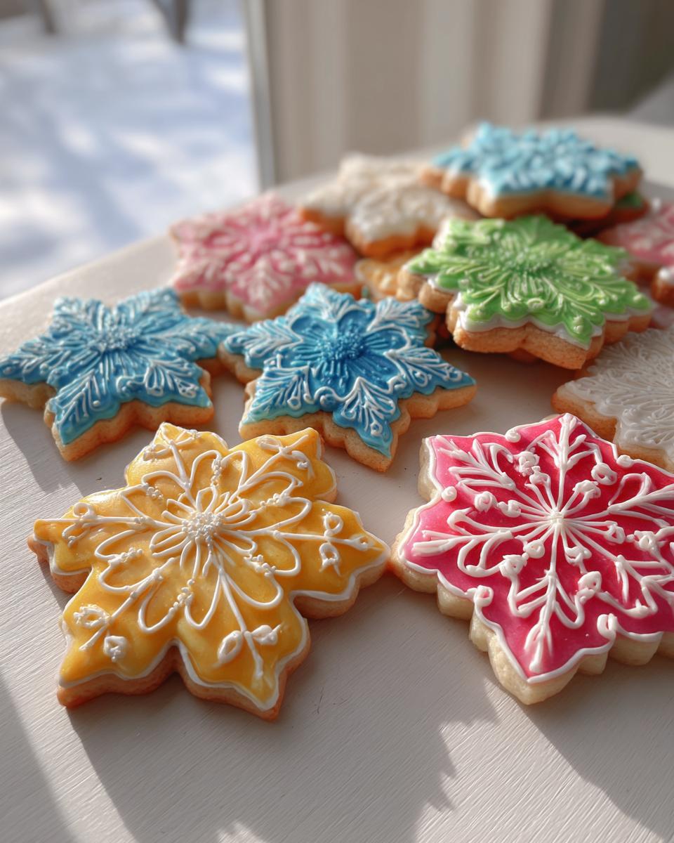 Close-up of colorful snowflake sugar cookies decorated with detailed white royal icing from a sugar cookie icing recipe.
