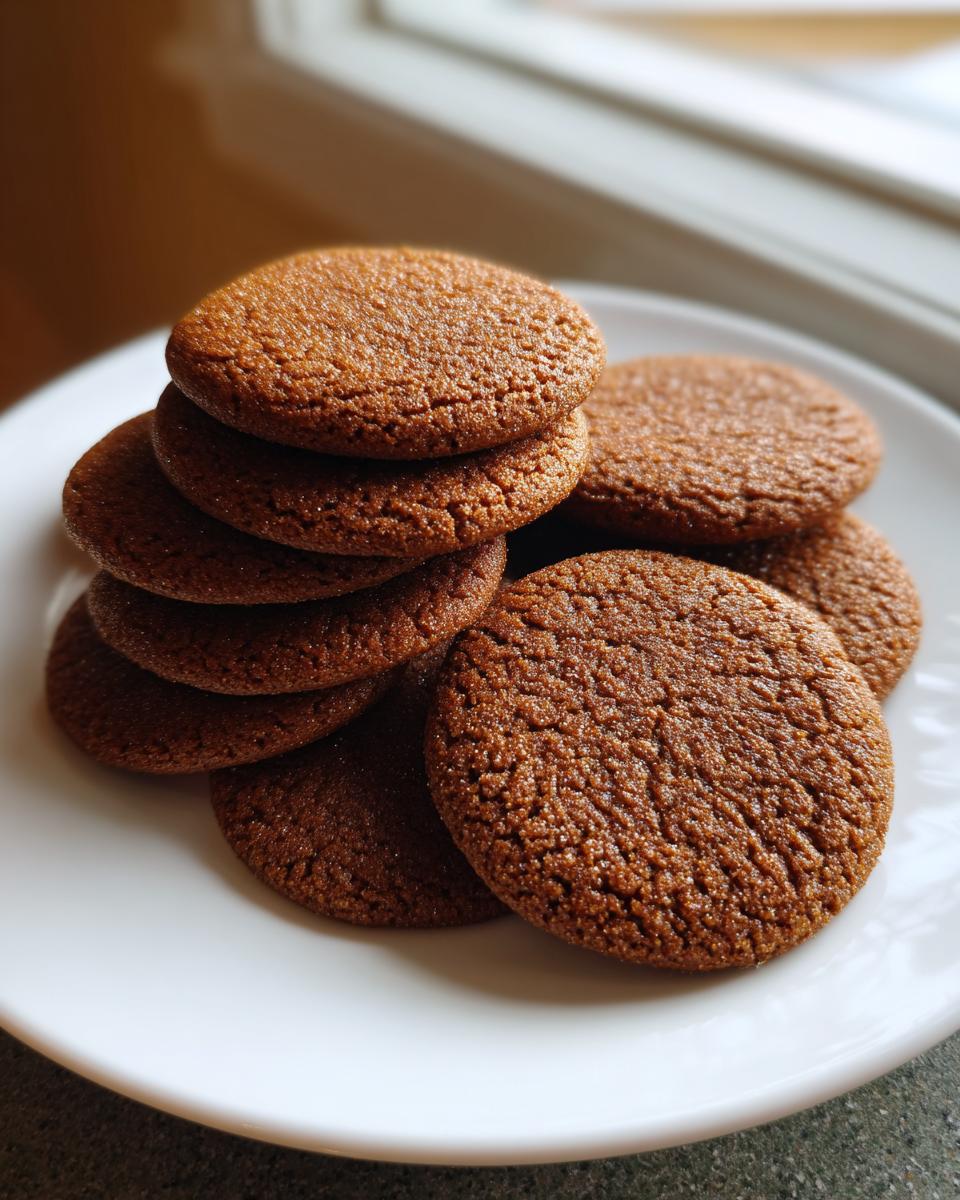 A close-up photo of several rich brown soft gingerbread cookies stacked and spread on a white plate.
