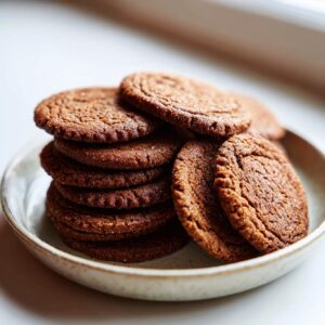 A stack of dark brown, crinkled soft gingerbread cookies lightly dusted with sugar, resting in a small ceramic bowl.