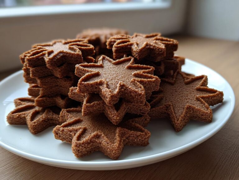 A close-up stack of freshly baked, star-shaped soft gingerbread cookies on a white plate.