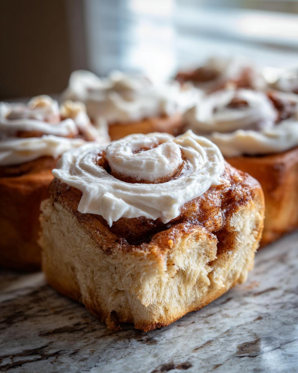 Close-up of a fluffy sourdough discard cinnamon roll topped with thick cream cheese frosting.