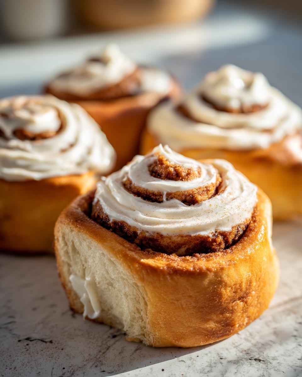 A close-up of a fluffy sourdough discard cinnamon roll topped with rich cream cheese frosting.