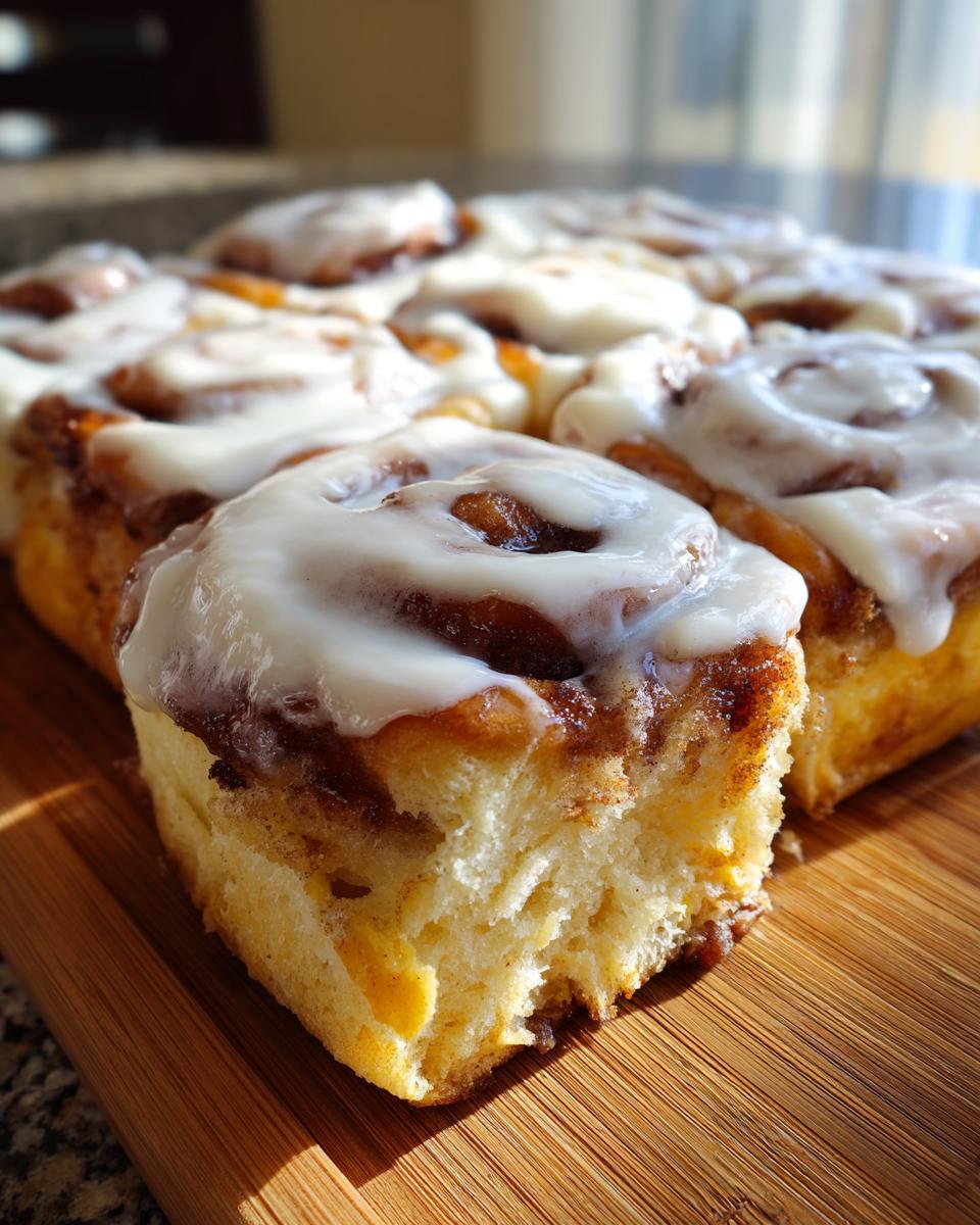 A close-up of freshly baked sourdough discard cinnamon rolls topped with thick white icing, sitting on a wooden board.