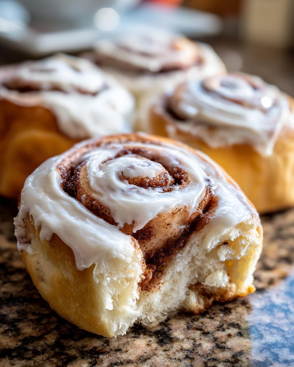 A close-up of a soft sourdough discard cinnamon roll with a bite taken out, showing the fluffy interior and thick white icing.