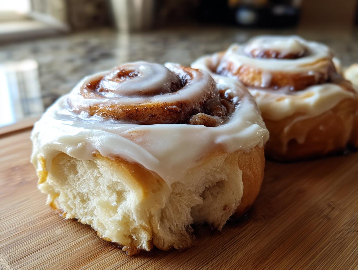 Close-up of fluffy sourdough discard cinnamon rolls generously topped with white cream cheese icing.