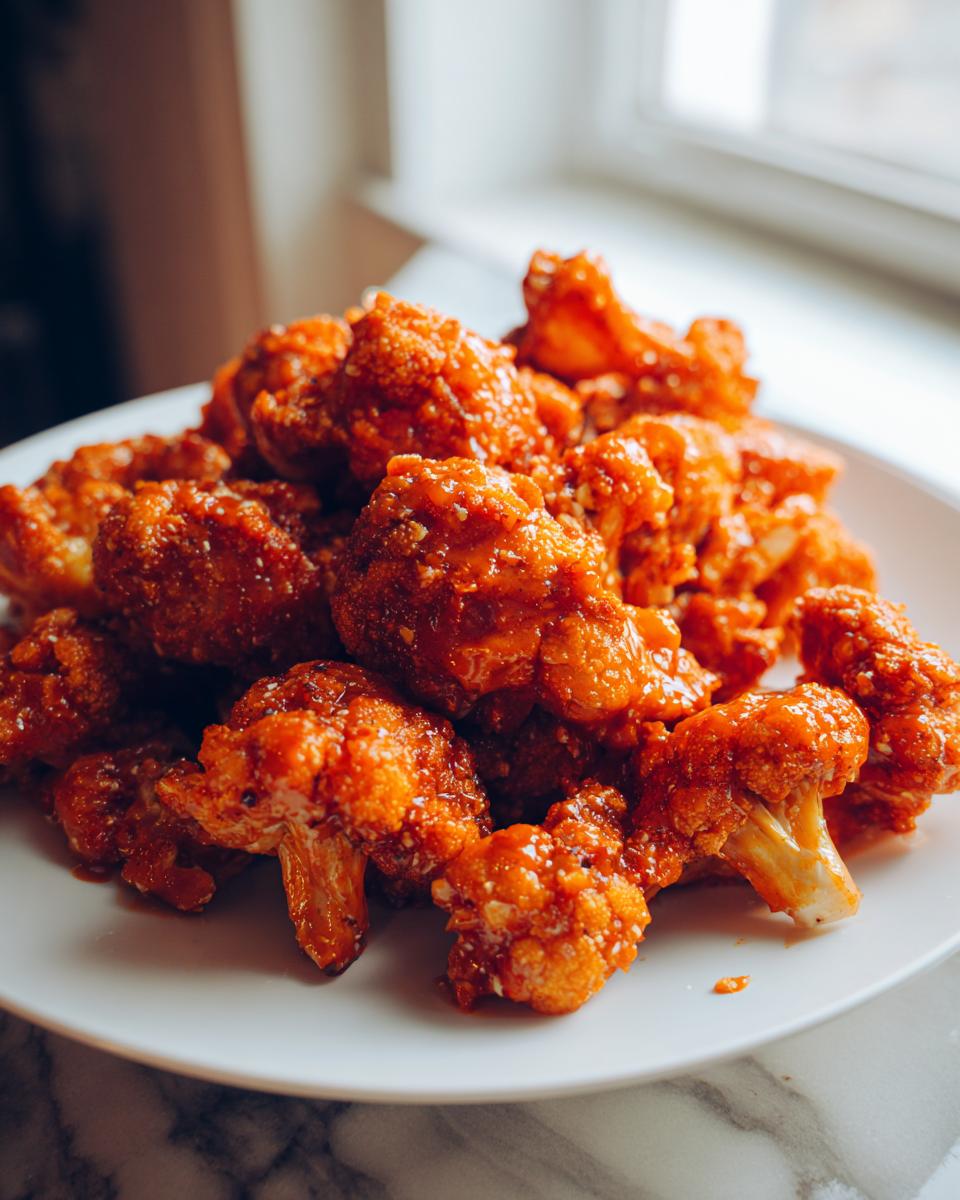 Close-up of a white plate piled high with saucy, bright orange buffalo cauliflower bites.