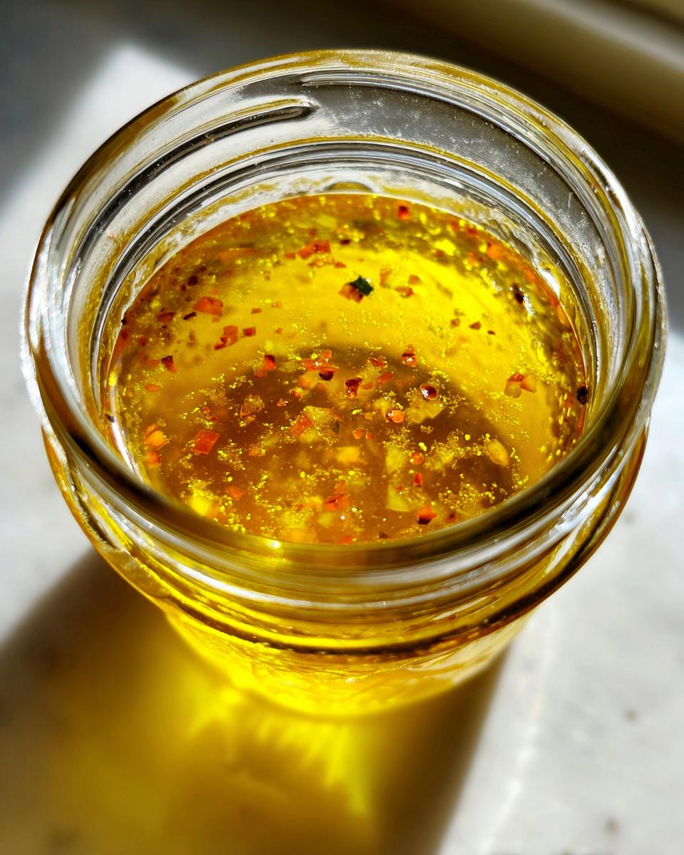 Overhead view of homemade spicy salad dressing, rich yellow oil with red pepper flakes, in a small glass jar.