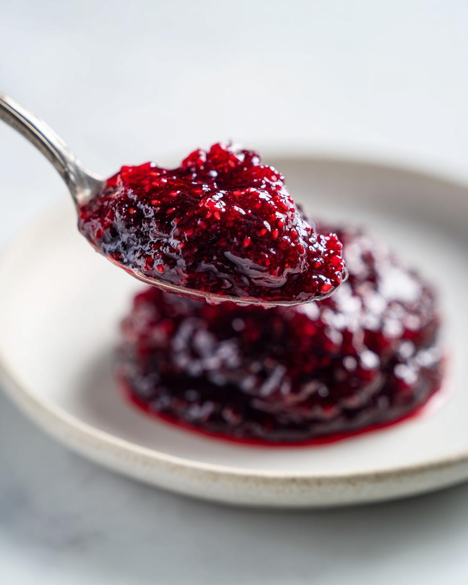 A silver spoon holds a generous scoop of thick, vibrant, seed-filled raspberry jam over a small dollop on a white plate.