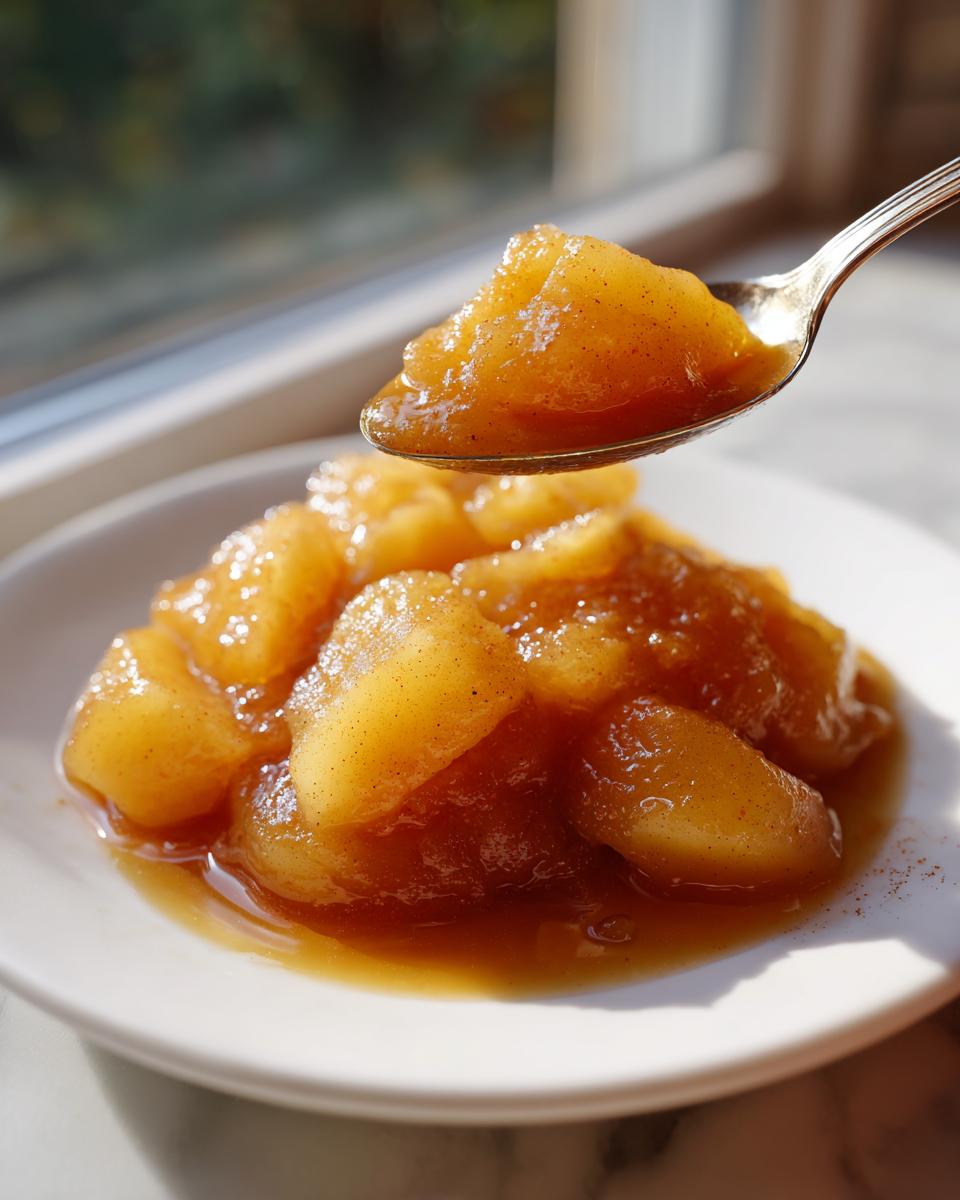 A spoonful of glistening, spiced apple pie filling is lifted above a white plate full of the delicious apple pie filling.