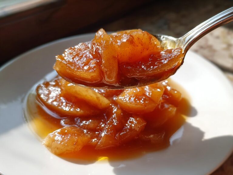 A spoonful of glistening, spiced apple pie filling being lifted above a white plate.