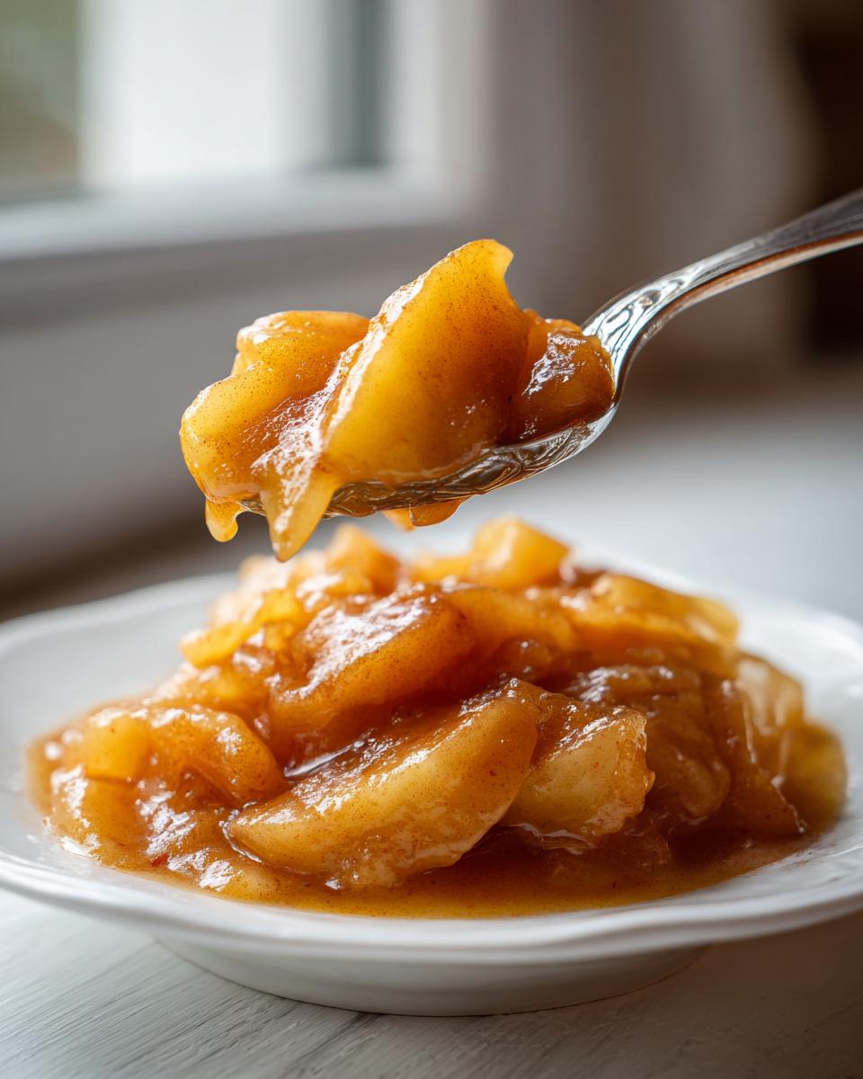 A spoonful of rich, spiced apple pie filling being lifted above a white plate full of the warm apple pie filling.