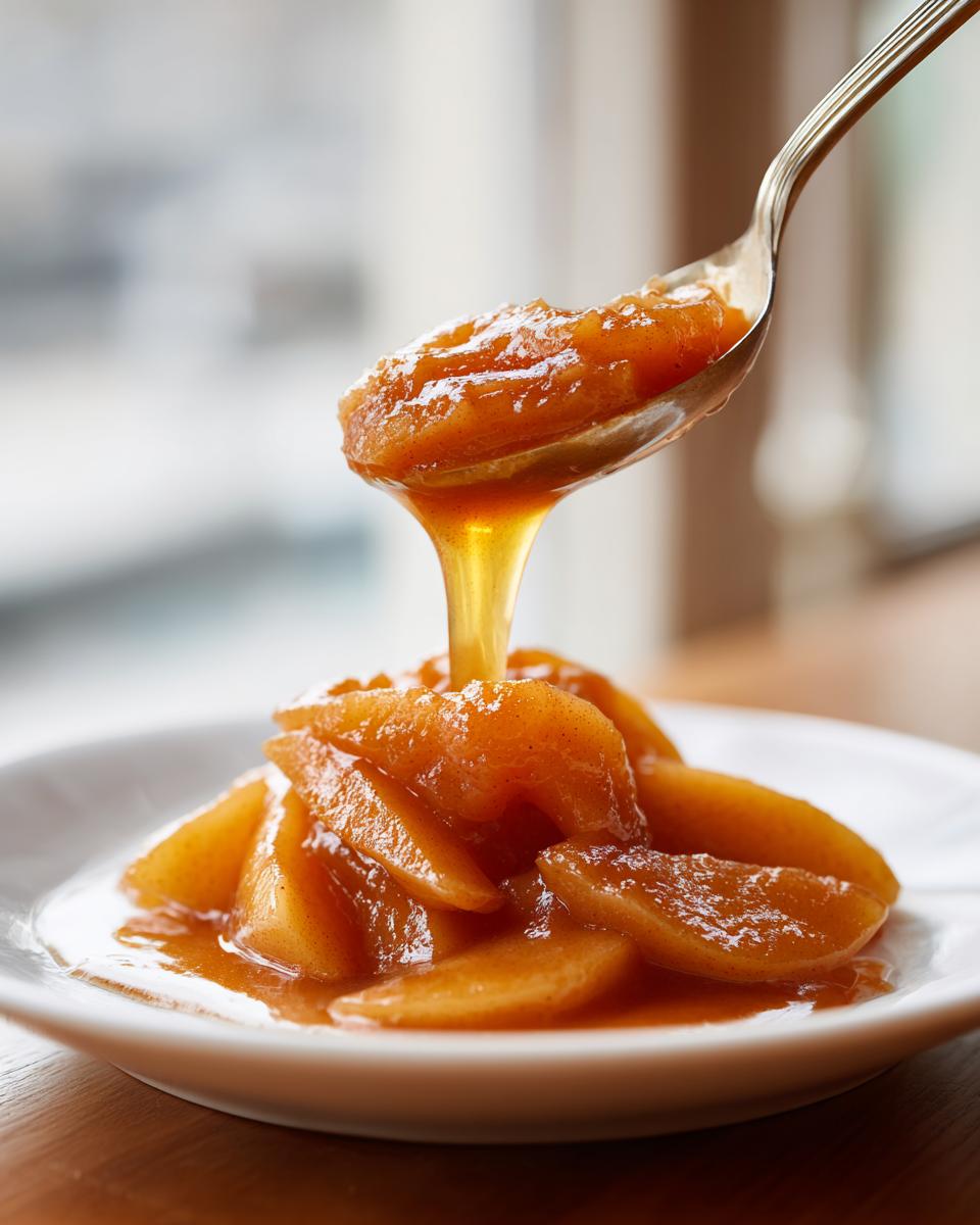 A spoonful of thick, syrupy apple pie filling is being drizzled over a mound of spiced apple slices on a white plate.