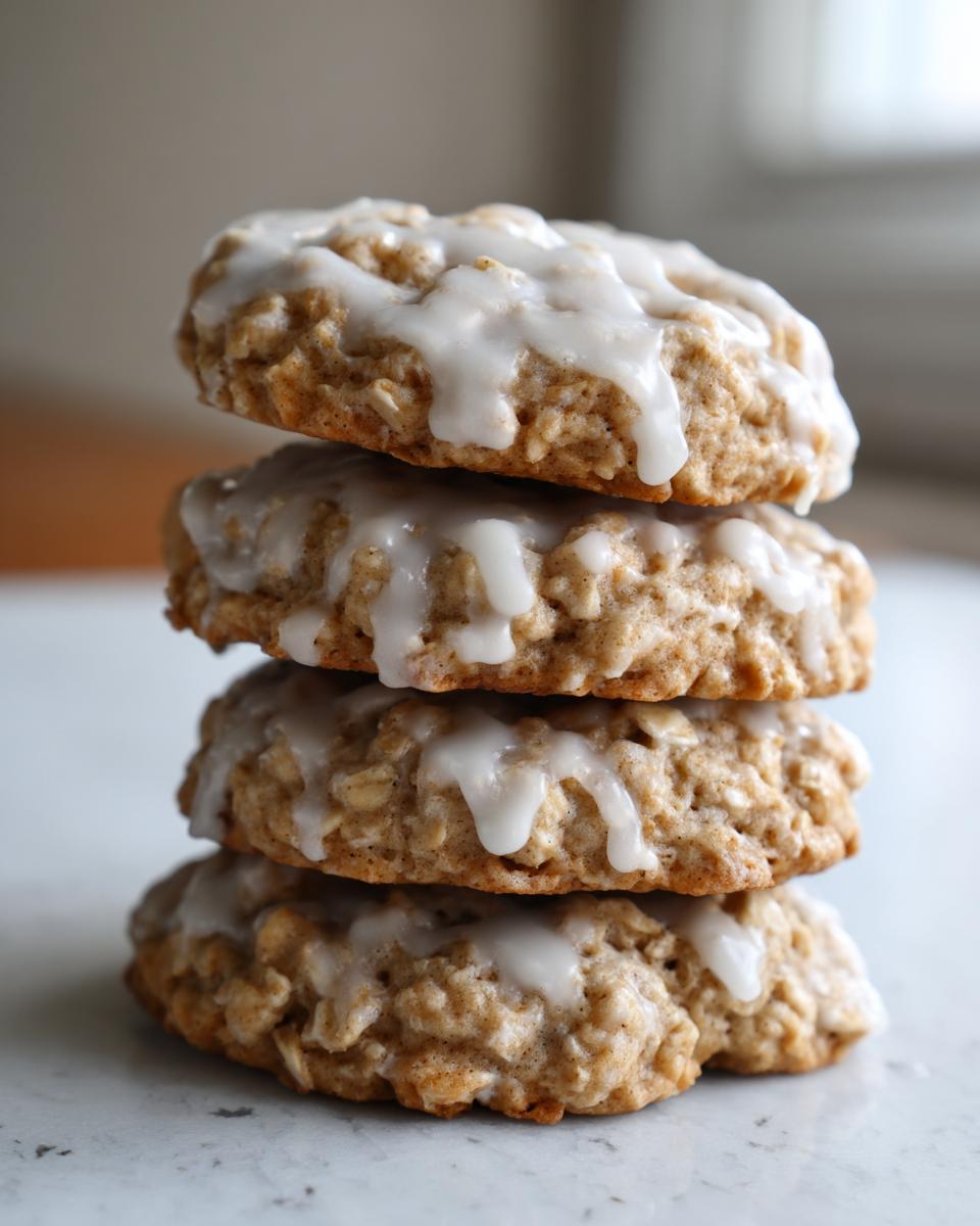A vertical stack of four soft iced oatmeal cookies drizzled with white vanilla glaze.