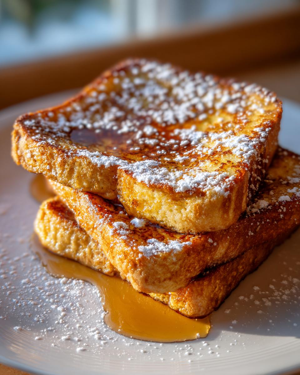 Close-up of a tall stack of golden brown french toast drizzled with syrup and dusted with powdered sugar.