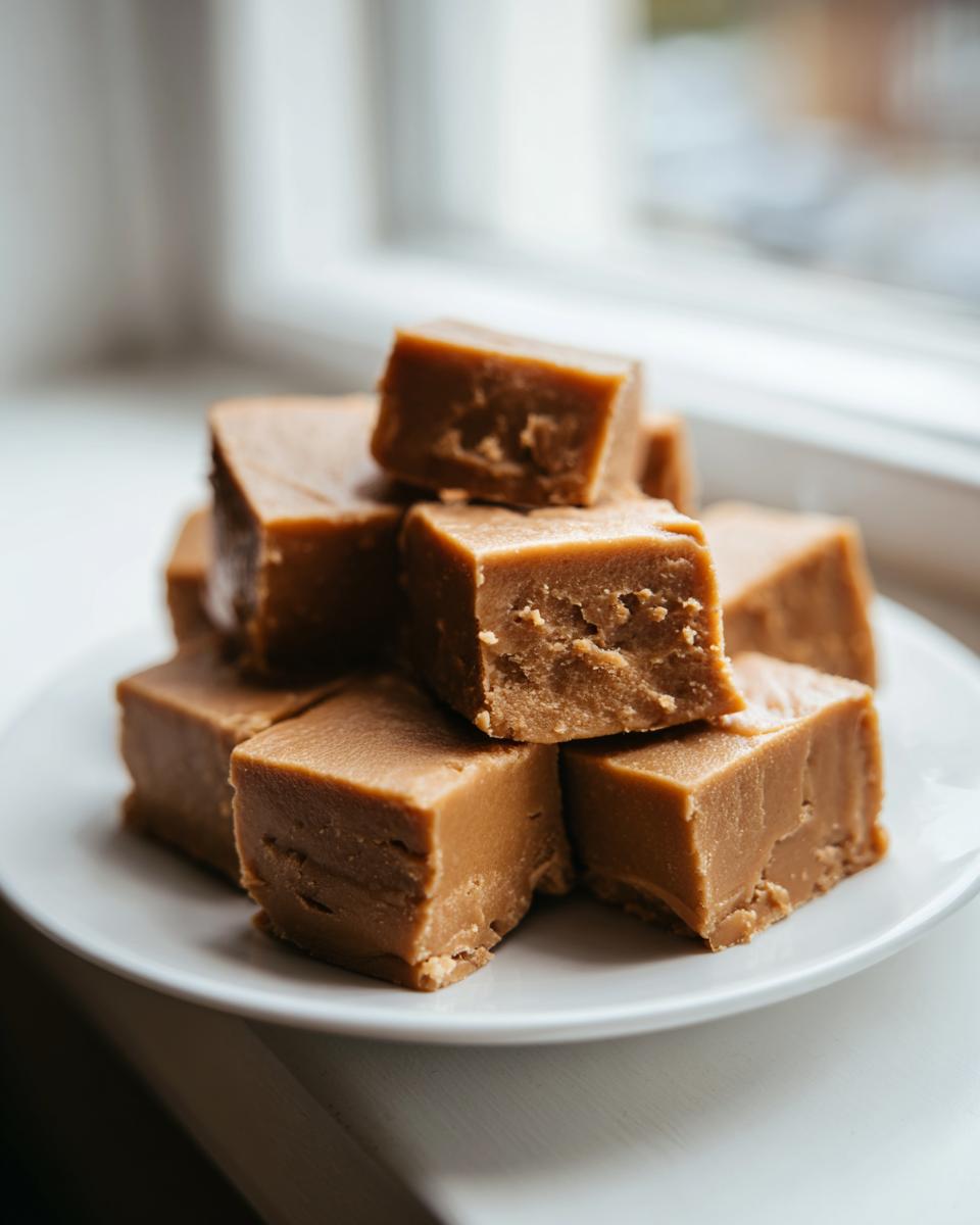 A stack of creamy, light brown squares of homemade penuche fudge resting on a white plate near a window.