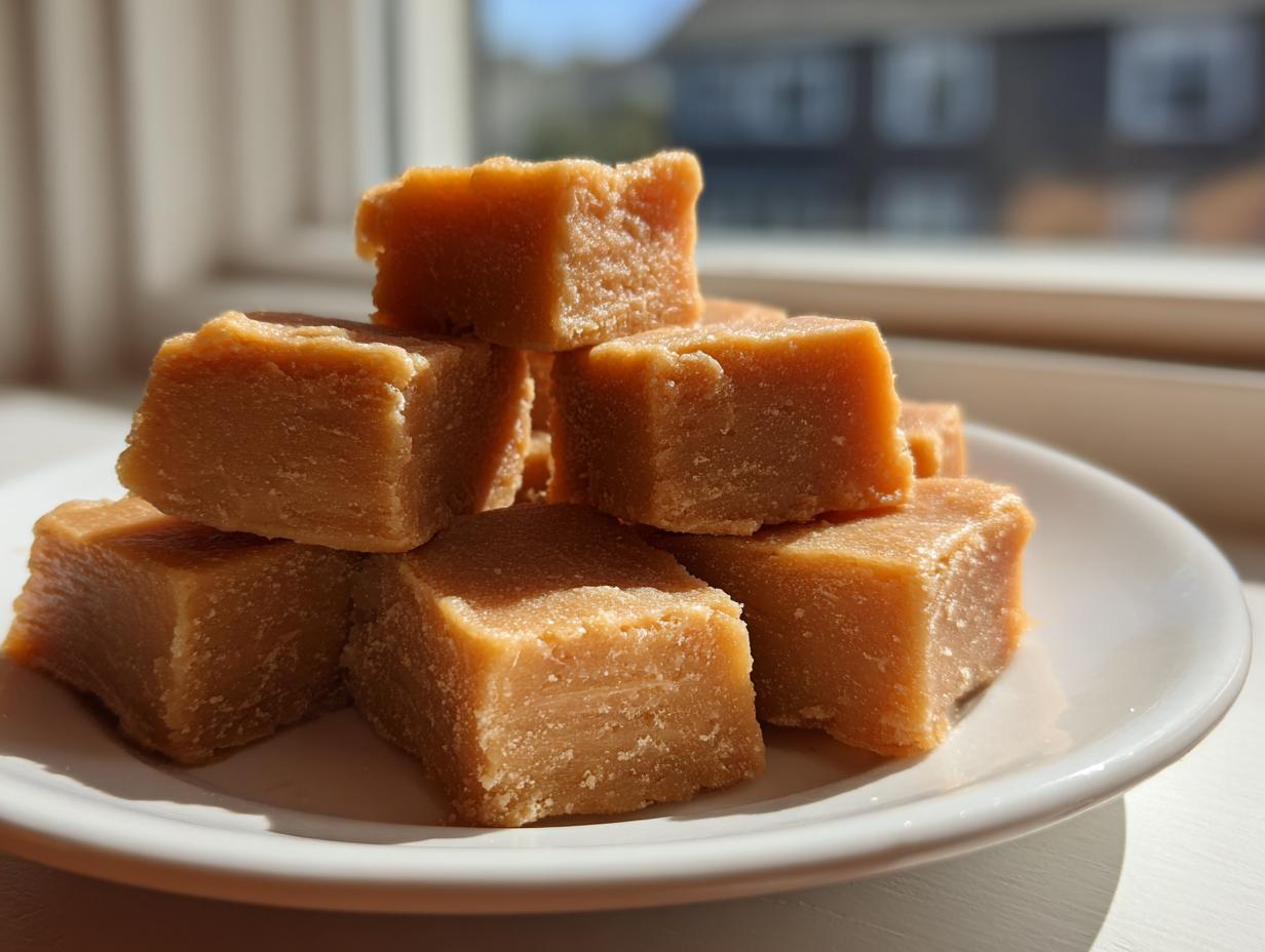 A stack of perfectly cut, golden brown penuche fudge squares sitting on a white plate near a window.