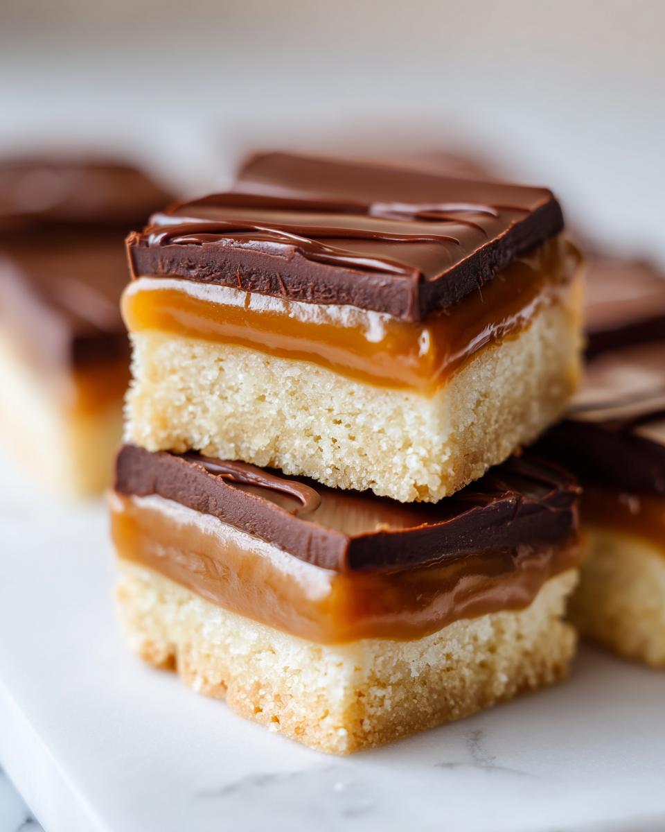 Two stacked squares of homemade Twix bars showing the shortbread base, thick caramel layer, and chocolate topping.