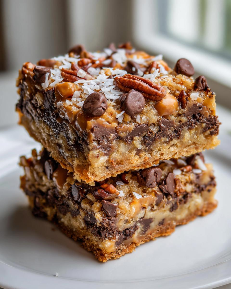 Two stacked, gooey magic cookie bars topped with chocolate chips, pecans, and shredded coconut.