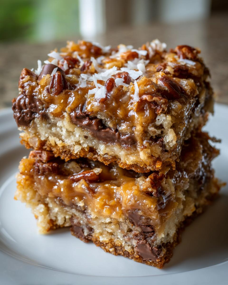 Two stacked squares of gooey magic cookie bars featuring chocolate chips, pecans, and shredded coconut.