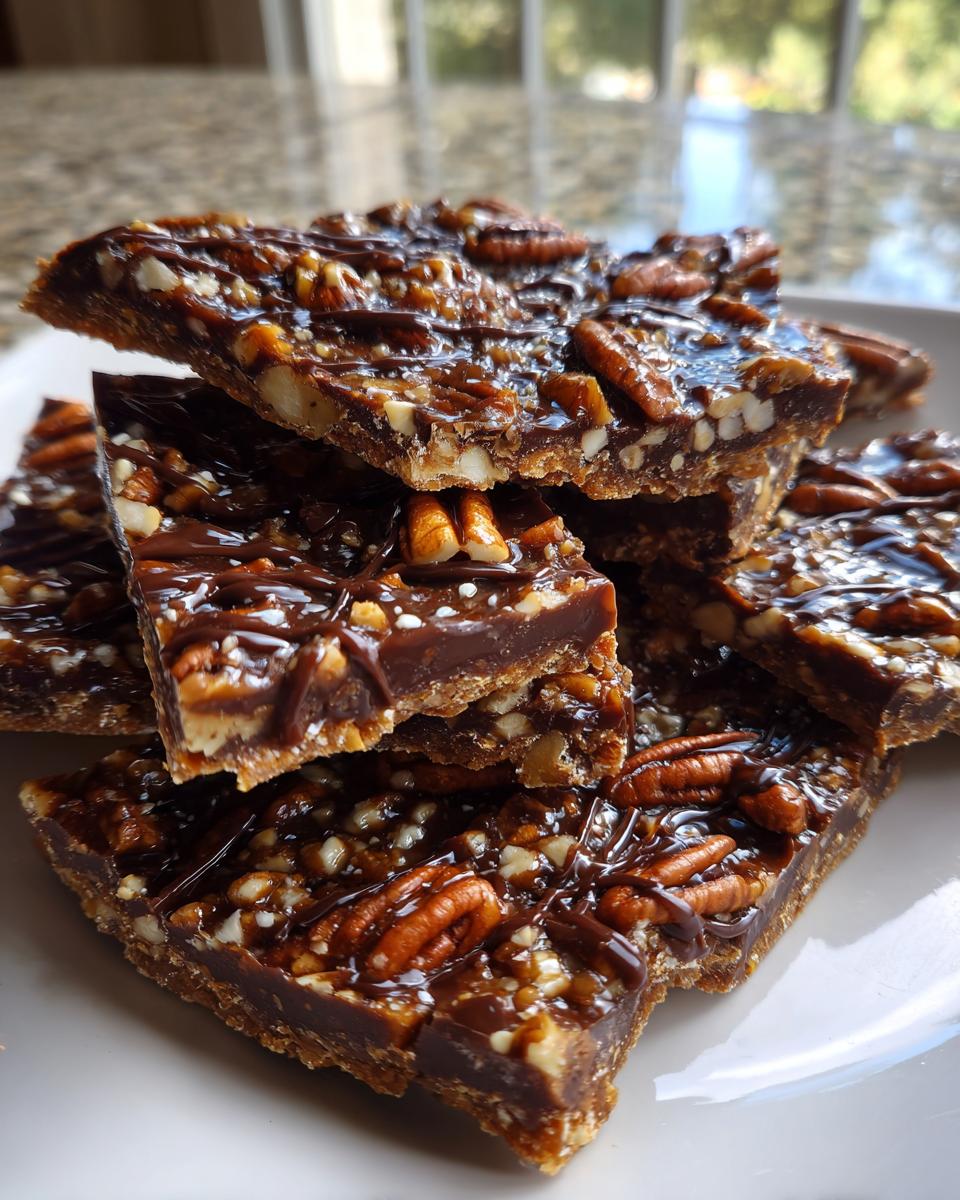 A stack of rich, glossy squares of Pecan Pie Bark topped with whole and chopped pecans and a chocolate drizzle.