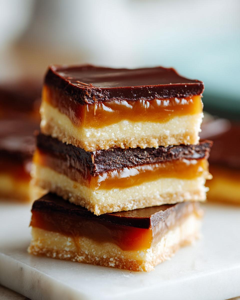 Three stacked squares of homemade Twix bars showing a shortbread base, thick caramel layer, and chocolate topping.