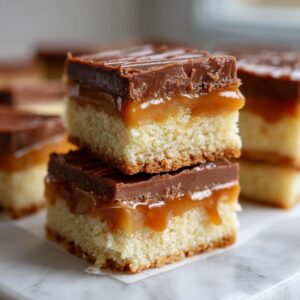 Two stacked squares of homemade twix bars showing a shortbread base, thick caramel layer, and chocolate topping.