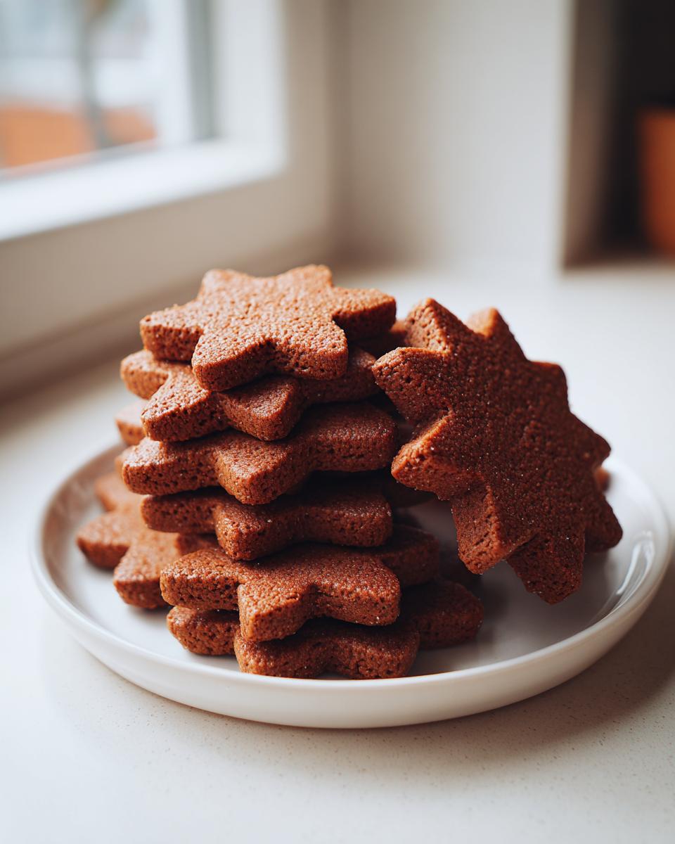 A tall stack of star-shaped soft gingerbread cookies piled high on a white plate near a window.