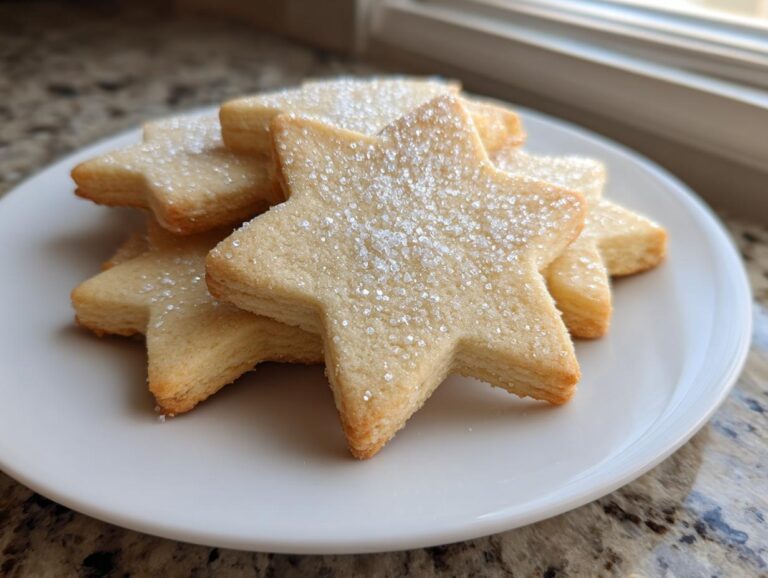 A stack of star-shaped, lightly golden sugar cookie cutouts sprinkled with coarse sugar, resting on a white plate.
