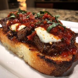 Close-up of steak pizzaiola served on toasted bread with melted mozzarella and fresh basil.