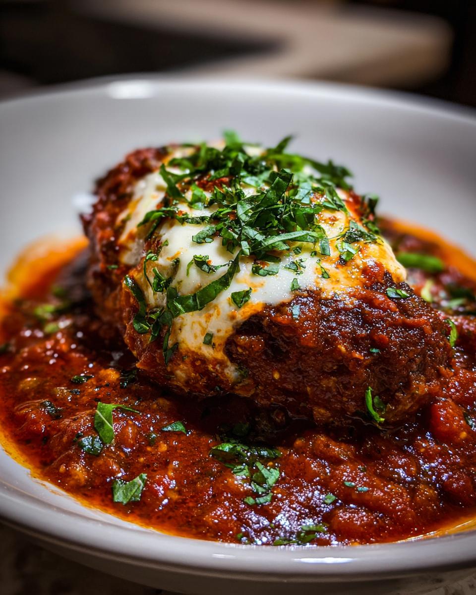 Close-up of a juicy steak pizzaiola smothered in rich tomato sauce, topped with melted white cheese and fresh basil.