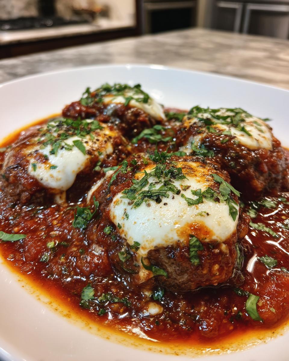 Close-up of four portions of steak pizzaiola smothered in rich tomato sauce, topped with melted mozzarella and fresh parsley.