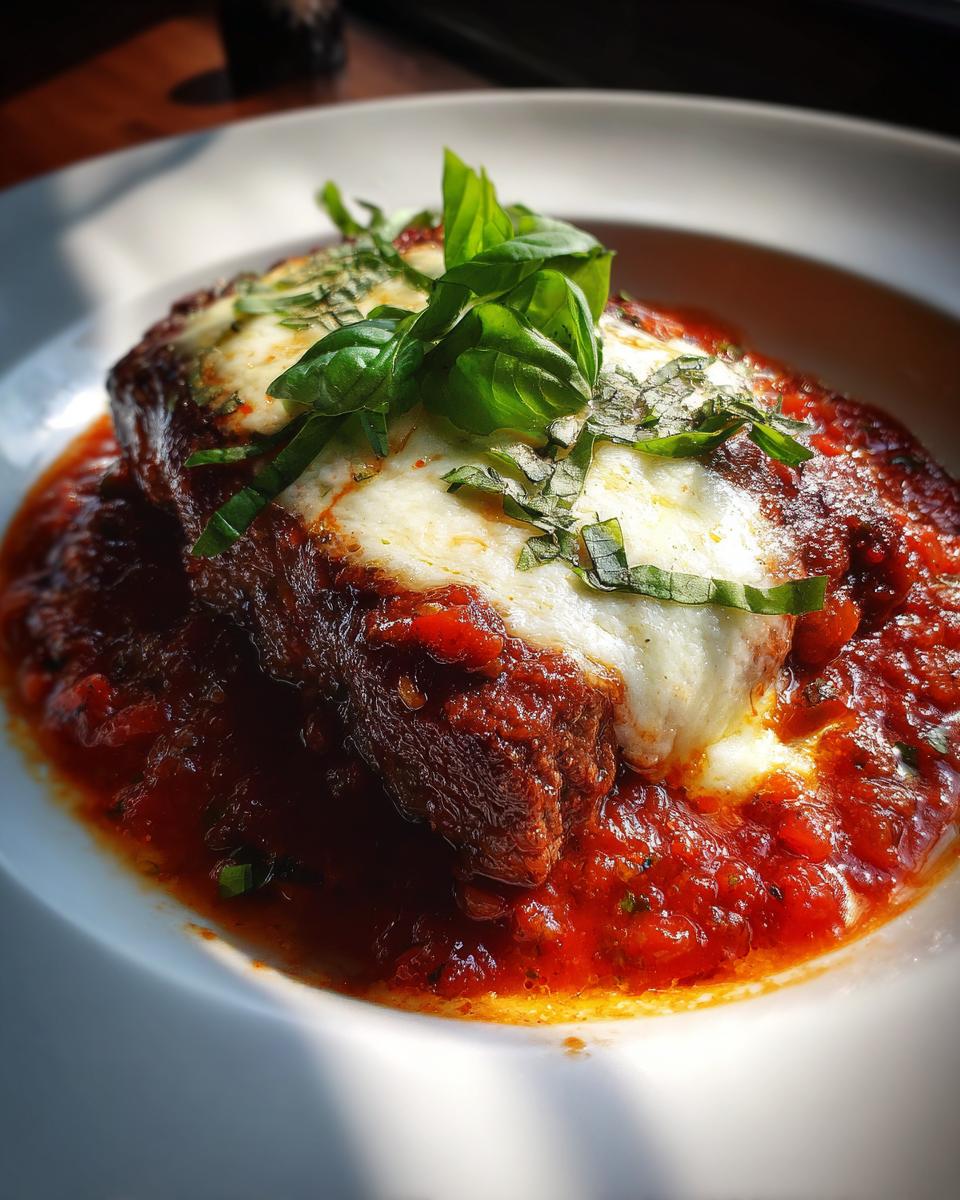 A close-up of tender steak pizzaiola smothered in rich tomato sauce, topped with melted mozzarella and fresh basil.