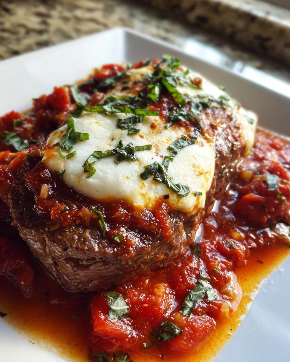 Close-up of a juicy steak pizzaiola topped with melted mozzarella cheese and fresh basil.