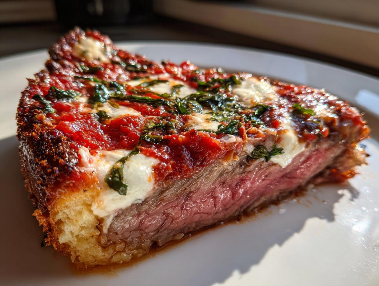 Close-up of a thick slice of steak pizzaiola showing medium-rare steak topped with melted mozzarella, rich tomato sauce, and fresh basil.