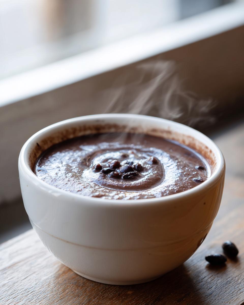 Close-up of a steaming hot bowl of creamy black bean soup garnished with whole beans.