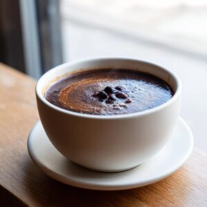 Close-up of a steaming white bowl filled with rich, dark black bean soup, garnished with whole black beans.