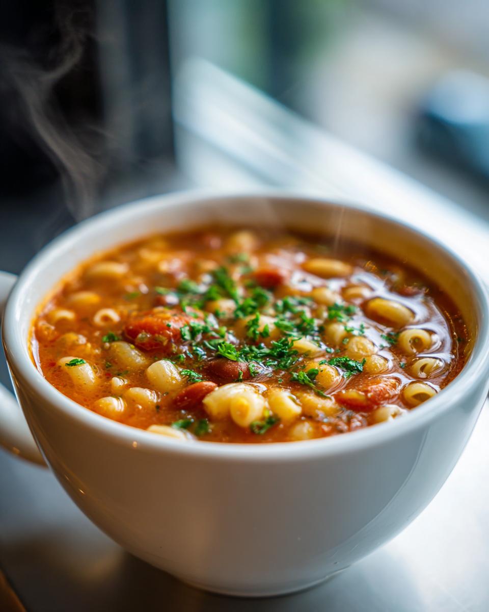 Close-up of a steaming white mug filled with rich pasta fagioli soup, garnished with fresh parsley.