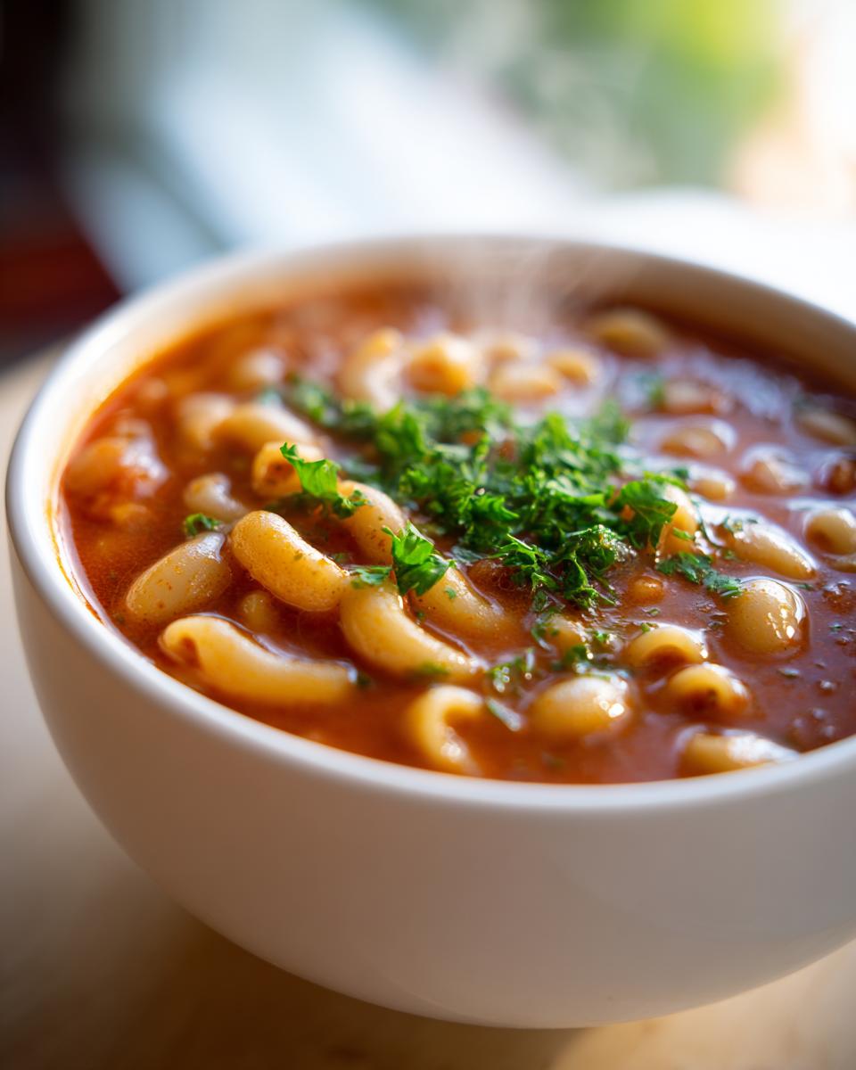Close-up of a steaming white bowl filled with rich tomato-based pasta fagioli soup, topped with fresh parsley.